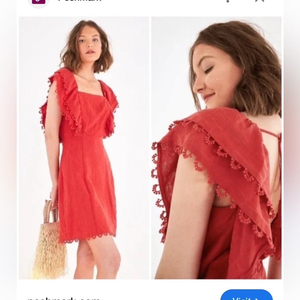 NWT Farm Rio Cherry Red Linen Ruffled Square-Neck Mini Dress Women’s Small